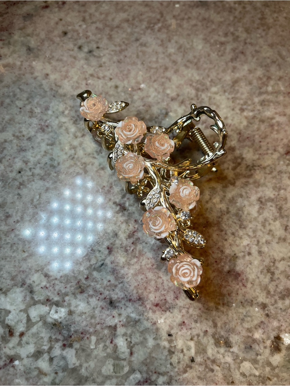 Gold Floral Rose Hair Clip with Blush Pink Roses